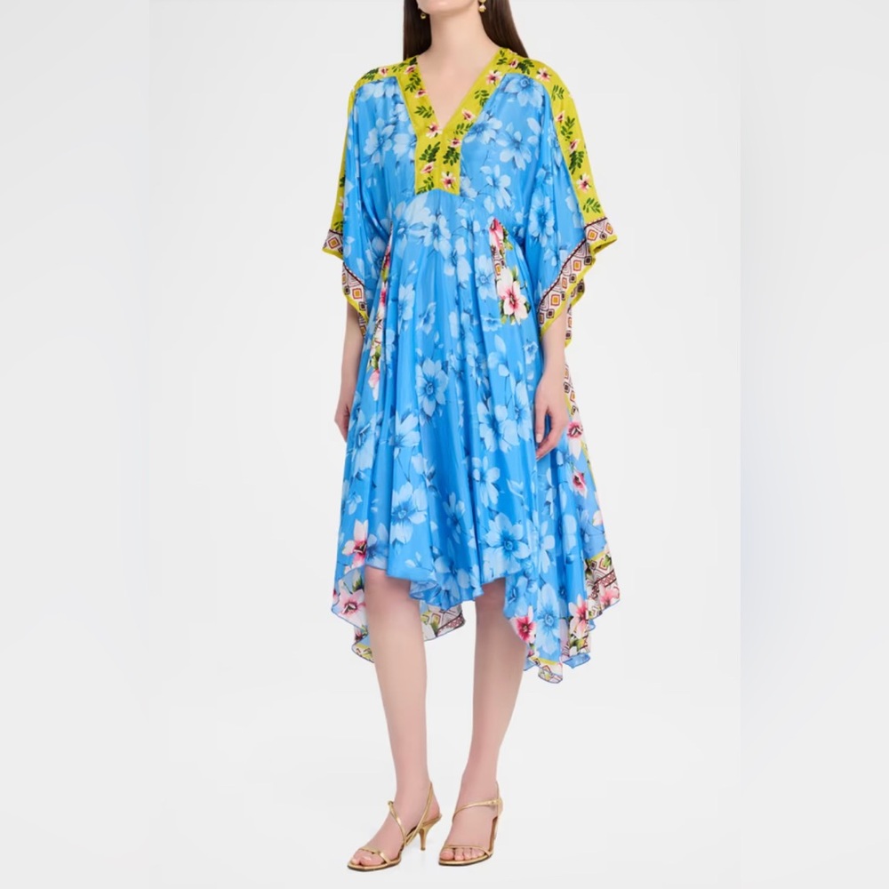 Johnny Was Blue Floral Silk Asymmetric Dress. L. NWT.